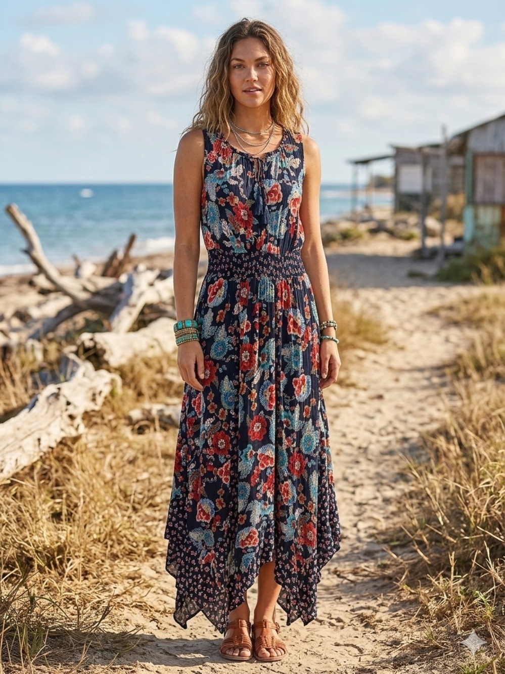 Bila Floral Smocked Maxi Dress Boho Cottagecore Handkerchief Hem L - Picture 2 of 9